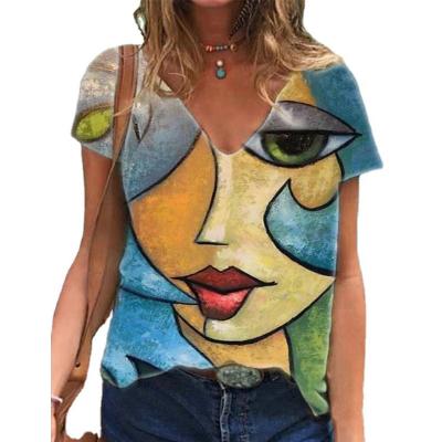 China The new 2022 women's breathable abstract character placing printed V-neck pullover T-shirt for sale