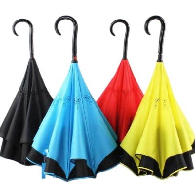 China Modern Butterfly Vented Holes Car Inverted Shaped Cheap Umbrella Handle Manual Open Reverse Umbrella With Cloth Edge Tether for sale