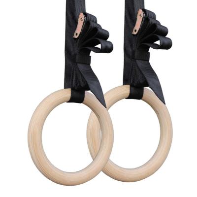 China Wooden Fitness Rings Exercise Durable Gymnastic Workout Pull Ups Muscle Training Ring With Buckle Straps For Home Gym for sale