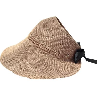 China Fashion Dobby Brim Hat Woman Peaked Hollow Knit Top Hat Anti Sun For Summer Beach Hat With Bowknot Straw Hat for sale