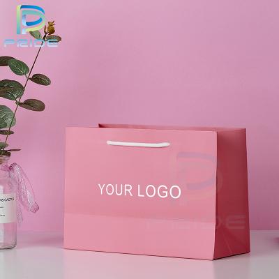 China Logo Printed Pink Finish Paper Custom Biodegradable Thank You Shopping Bags With Grosgrain Rope Handle for sale