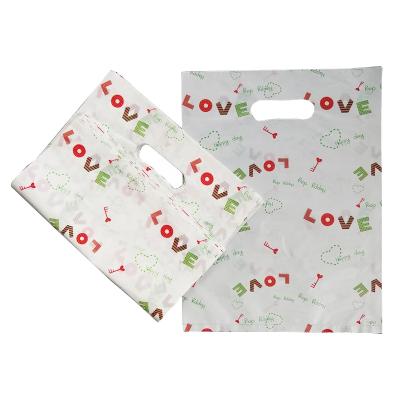 China Custom Made Biodegradable Cartoon Love Pattern Clothing Gift Handheld Shopping Plastic Bag for sale