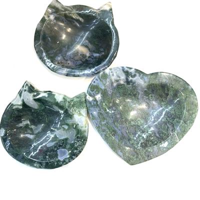 China Wholesale Europe Natural Decoration Moss Agate Cat Bowl Healing Moss Kitty Agate Ashtray Craved Kitty Moss Agate Ashtray Craft For for sale