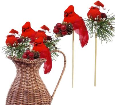 China Eco-Friendly Recycle Red Cardinals Birds on a Matching Stick for Styling Floral Picks Red Bird Centerpieces DIY Christmas Ornament Cardinal Holiday Decor for sale