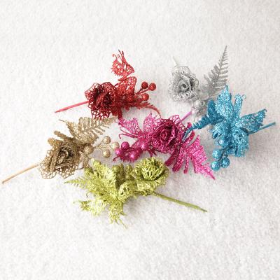 China Decorative Floral Glitter Rose Flower Pick Plastic Picks and Holly Christmas Picks Artificial Holiday Glitter for sale