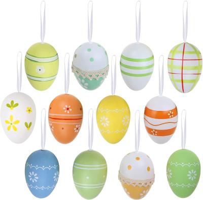 China Plastic Easter Decoration 12pcs Egg Ornaments Printed Hanging Eggs For Spring Easter Tree Hanging Decoration for sale