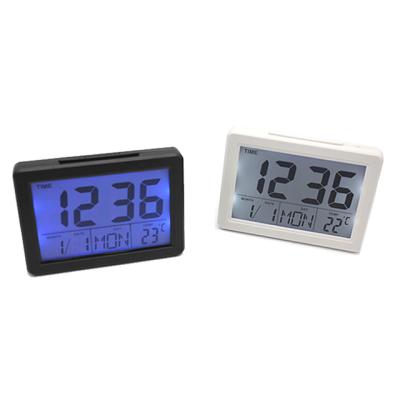 China Class Good Quality Voice Control Logo Alarm Clock Backlight LCD Display Alarm Desktop Logo Alarm Clock With Thermometer for sale