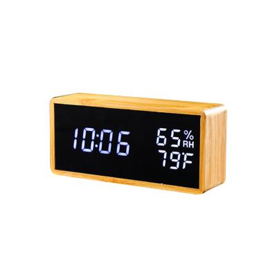 China Calendars Moisture Creative Electronic Alarm Clock Voice Control Desk Bamboo Wooden Table Clock for sale