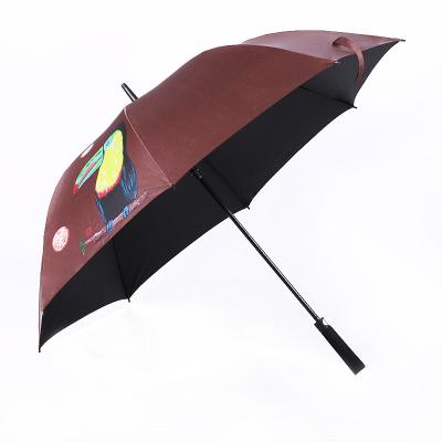 China Top Water Repellency Fashion Cartoon 75x8k Pull Belt Vinyl Parrot Digital Printed Custom Automatic Golf Umbrella for sale