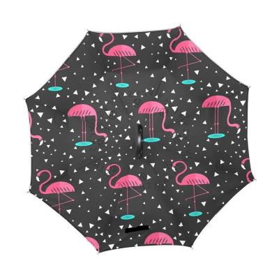 China Umbrellla Folding Flamingo Floral Print Inverted Umbrella Double Layer Windproof And Waterproof Auto Open Reverse Folding Car Upside Down Umbrellas for sale