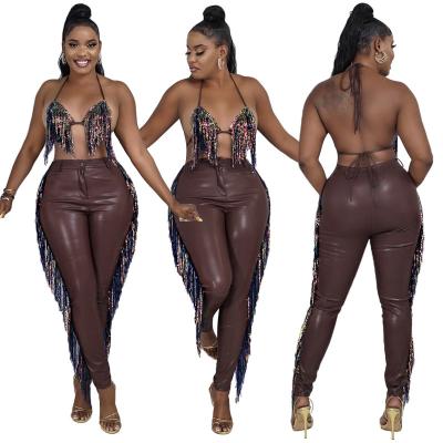 China Stylish OJW030248 PU Anti-pilling Fits Women Halter Tops Fringe Pants Matching Part 2 Nightclub Wear Leather Panties Two Piece Set for sale