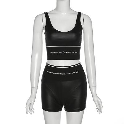 China Anti-pilling tank top and matching shorts sets women 2 piece black leather shorts set PU leather high waist shorts for women sets for sale