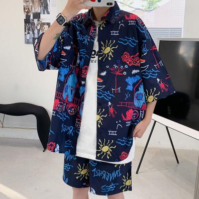 China New Arrival Plastic Men's Breathable Hawaiian Two-piece Fashion Short Sleeve Cartoon Print MA111579 for sale