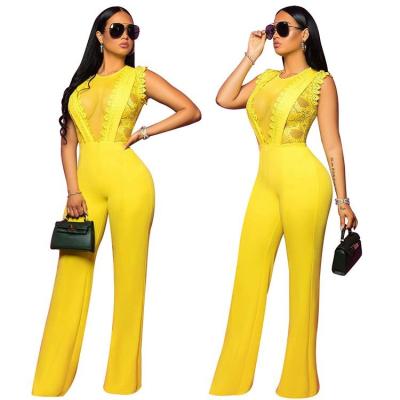 China Wholesale Fashion Yellow O-neck Casual Sexy Summer Women Mesh Lace Ladies Sleeveless Overalls 2020 Anti-wrinkle DF68162 Made in China for sale