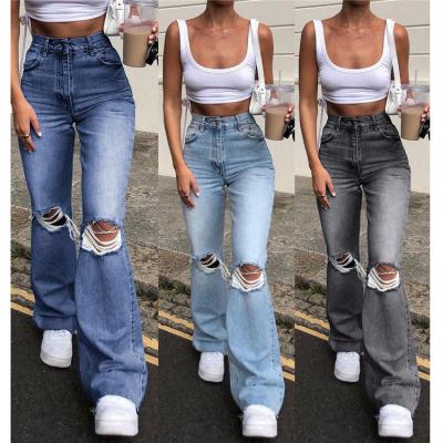 China Color Fade Proof OR012100 ripped denim pants bell bottom flare jeans for women with low price for sale