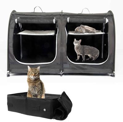 China Sustainable Double Cat Carrier For 2 Cats Portable Soft-sided Cat Travel Carrier With Bin Pet Kennel Show Cages Quick Fold for sale