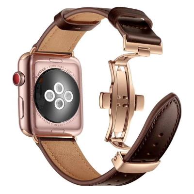 China New Trend Men's and Women's Butterfly Buckle 38mm 42mm Waterproof Genuine Leather Watch Bands for Apple 1/2/3/4 for sale