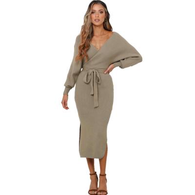 China BAIYIMO Anti-wrinkle women knit dress slim v-neckline long sleeve waistband slimmed above long knee skirt package hip skirt for sale