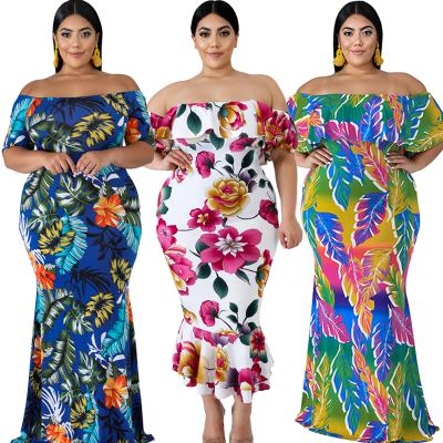 China New Anti-Static Arrive Spring Autumn Women's Clothing Plus Size Dresses Floral Layered Ruffle Off Shoulder Dress In Stock for sale