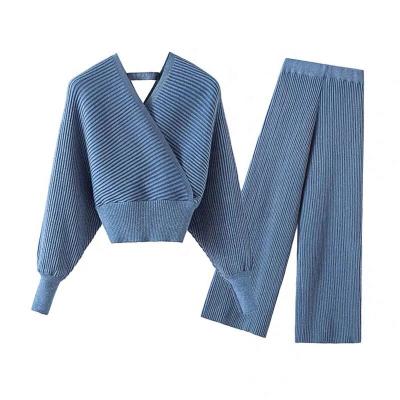 China BYM Anti-wrinkle ladies fashion v-neck long sleeves high quality women causal sexy pullover sweater winter pants two pieces suits for sale