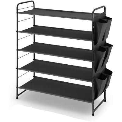 China Adjustable (Size) Factory Wholesale Hot Selling 5 Layers Metal Frame Shoe Cloth Rack Storage Organizer With Detachable 6 Side Pockets for sale