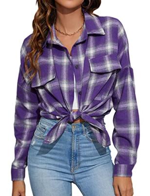 China 2022 New Fashion Long Sleeve Purple Plaid Women's Casual Wear Breathable Flannel Shirts For Women for sale