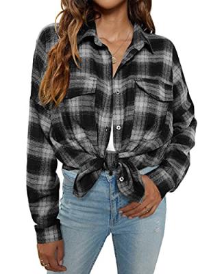 China 2021 Breathable Hot Sale Women Long Sleeves Classic Black And White Plaid Flannel Women Workout Designer Shirt for sale