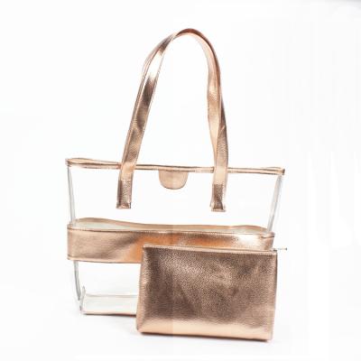 China Fashion 2 in 1 Waterproof Tote Bag PVC Beach Bag Semi-Clear Shoulder Bag with Pocket for sale