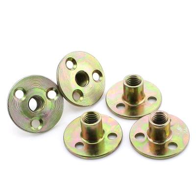 China Furniture China Factory Round Base 3 Hole Spike Tee Nut Carbon Steel Furniture Connector Plate Nut for sale