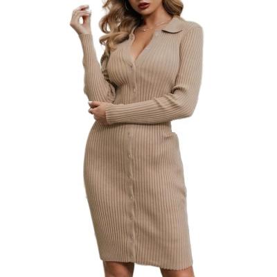 China Wholesale Anti-Wrinkle Custom Knit Sexy Female Soild Cotton Sweater Button Collar Knitwear 100% Ribbed Turn-Down Cardigan Dress For Women for sale