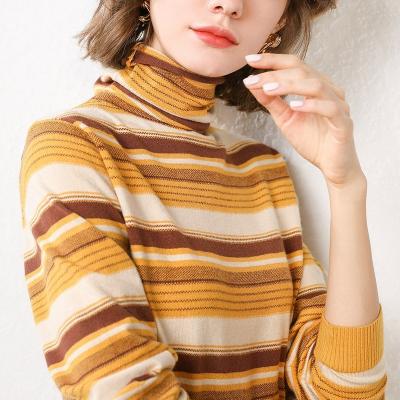 China custom knitwear Anti-wrinkle pure wool rainbow soft striped sweaters knits sweater turtle neck top Jacquard Jumper For Women for sale