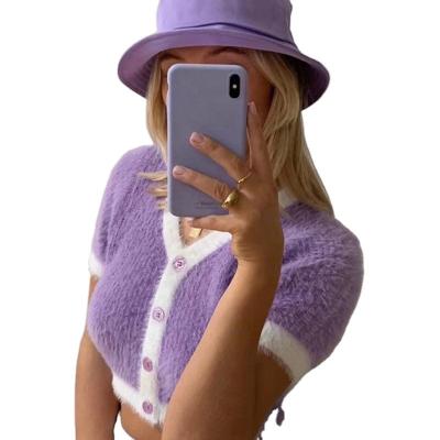 China Custom Knitted Anti-wrinkle Sexy V-Neck Women Cropped Sweater Top Color Blocking Mink Fur Crop Tops Girls Summer Cardigans for sale