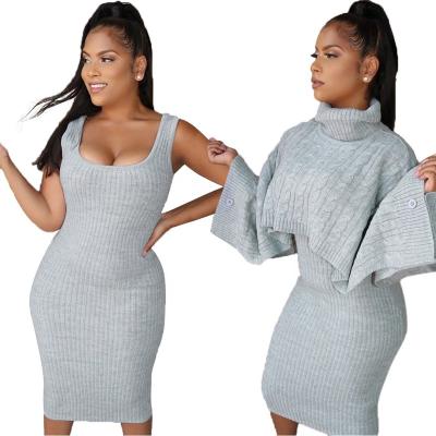 China Anti-Wrinkle Custom Knit Knitwear High Quality 100% Cotton Long Baw Sleeveless Knitted Turtle Neck With 2 Piece Dress Set Women Sweater for sale