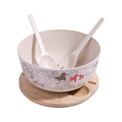 China Viable Custom Printing Mixing Bowls Solid Bamboo Salad Bowl With Lid Spoon For Fruit Fiber Bamboo Salad Bowl With Server Set for sale