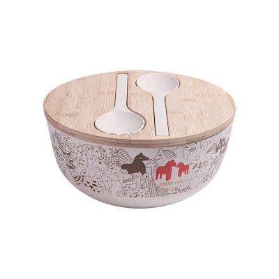 China Sustainable Custom Printing Large Bamboo Bowl With Lid Wholesale Reusable Salad Bowl With Spoon Fork for sale