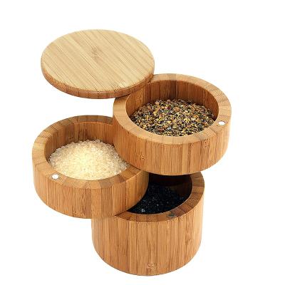 China Sustainable Three Tier Bamboo Storage Box With Swivel Lids Magnetic Food Salt Storage Box for sale