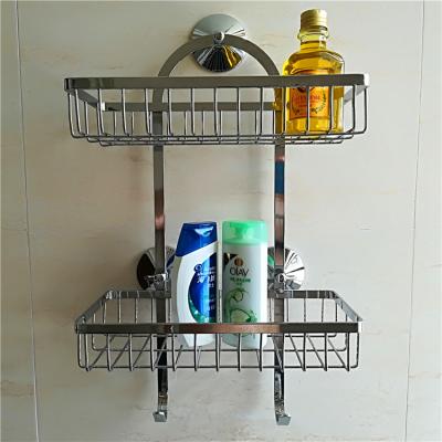 China Wall Mounted Type Chrome Plated Bathroom Rack With 2 Tier Rectangle Sucker Suction Bathroom Shampoo Basket Shelf for sale