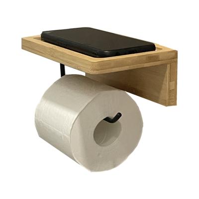 China Modern Wall Mounted Bamboo Toilet Paper Holder Black Toilet Paper Holder With Cell Phone Shelf for sale