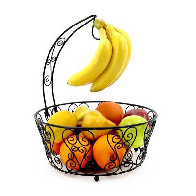 China Guangdong Sustainable Fruit Basket with Banana Hanger Black Metal Fruit Bowl Detachable Bread for Kitchen Fruit Rack with Banana Tree for sale