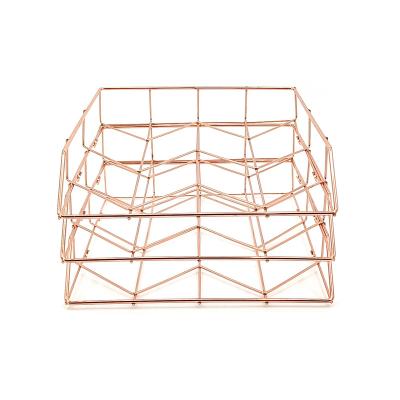 China Hot Sale Rose Gold Metal Wire Desk 3 Tier File Rack Document Holder And Magazine Rack For Office for sale