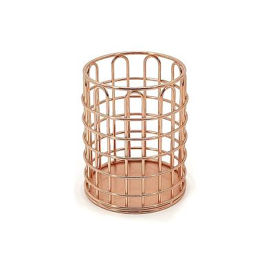 China 2021 New Design High Quality Rose Gold Round Metal Wire Desktop Pen Holder Desk Organizer Stationery Container for sale