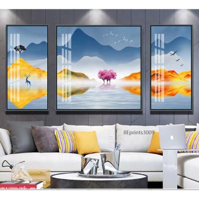 China High Quality Resin Painting Modern Sets of Crystal Porcelain Painting Landscape Wall Art Abstract Acrylic Printing Golden Yellow Mountain Tree Art for sale