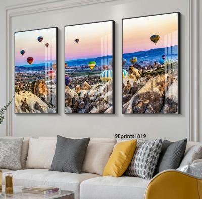 China High Quality Living Room Decor 3 Panel Hot Turkey Air Balloon Landscape Acrylic Printing Modern Crystal Porcelain Painting for sale