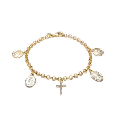 China Vintage Jesus Cross Pendant Religious Bracelet, 925 Gold Plated Silver Bangle for sale