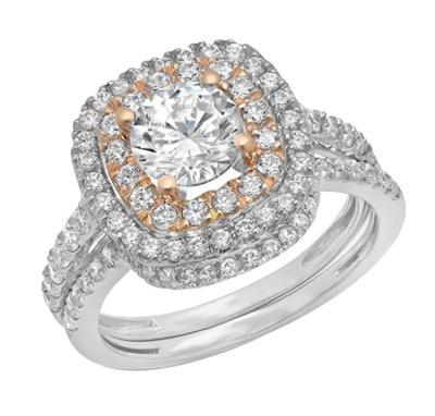 China TRENDY Round Cut Pave Double Halo CZ Anniversary Wedding Band Ring 14k Solid Gold Band for sale