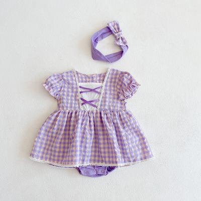 China 100% Cotton Summer Baby Full Moon Dress Princess Jumpsuit Small Plaid Lace Romper for sale