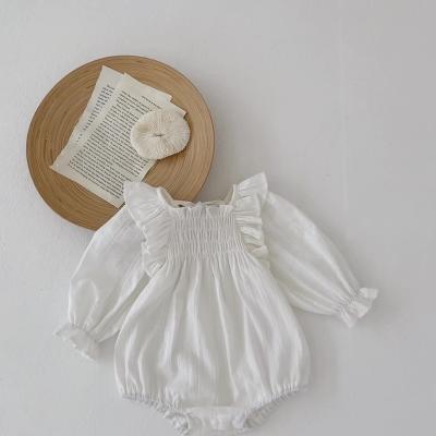 China Bafanou Autumn Clothes Cotton Baby Clothes Long Sleeves Fashion Baby White Pleated Romper for sale