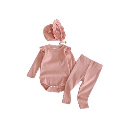 China 2022 INS Autumn Baby Clothing Set Small Breathable Fly Sleeve Long Sleeve Romper 3 Pieces Set Cotton Soft And Comfortable for sale