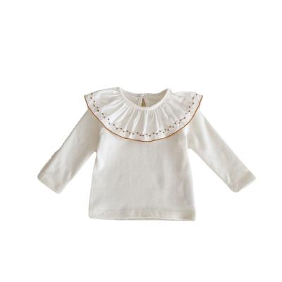 China Beautiful Autumn Newborn Infant Baby Breathable T-shirt Dip Shirt Embroidered Lotus Leaf Collar Baby Girls Top for sale