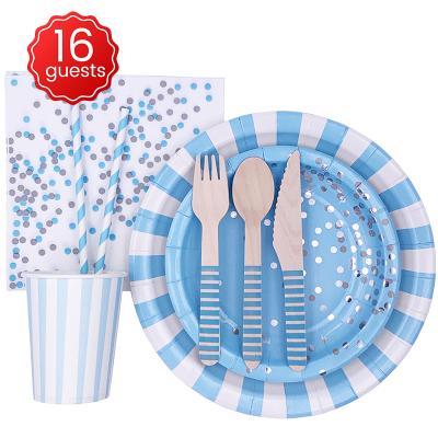 China Kiaye Baby Shower 16 Guests Baby Shower Boy Girl Birthday Family Party Decoration Tableware Wooden Cutlery Supplies for sale